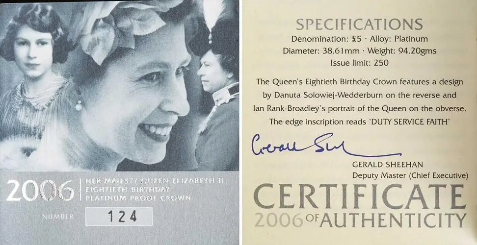2006 Platinum Piedfort Elizabeth II The Queen's 80th Birthday Crown  Coin Single United Kingdom cert and specifications