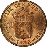 1932 Gold Graded Dutch 10 Guilders aUNC