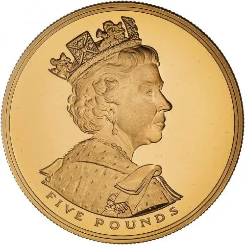 2002 Gold Proof Golden Jubilee £5 Coin obverse in capsule