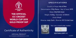 2019 Gold Proof ICC Cricket World Cup 2019 Isle of Man 50p Coin with cert