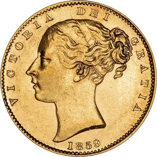 1859 Gold Sovereign Victoria Young Head Shield London aVF gVF Ansell 23427