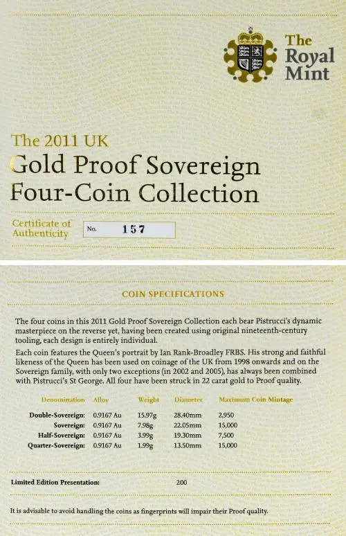 2011 Gold Proof Sovereign Set - 4 Coins  with cert