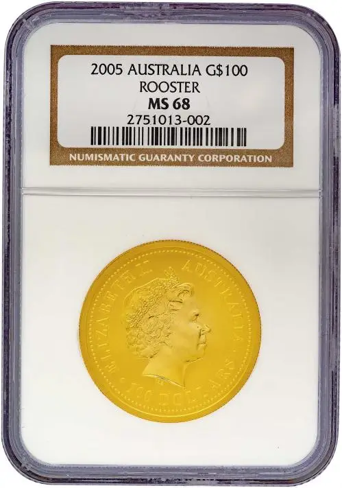 2005 1 oz Gold Lunar Year of the Rooster Perth Mint Bullion Coin NGC MS 68 Obverse