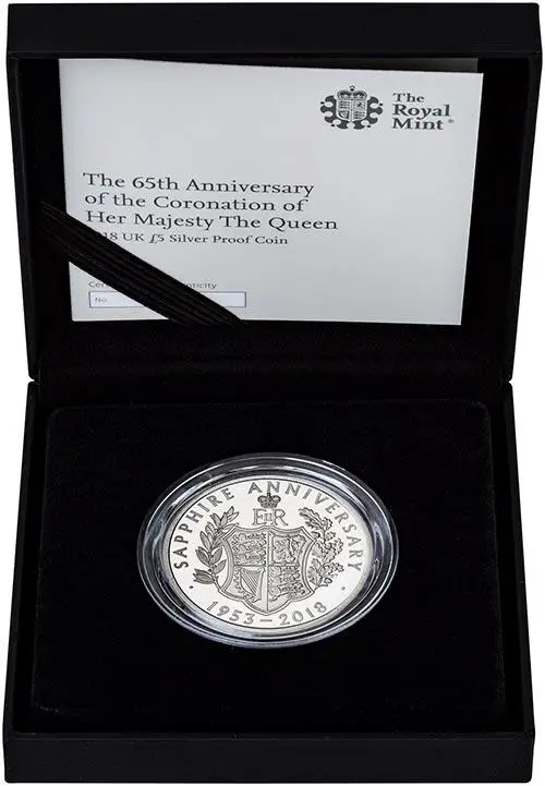 2018 UK Coin £5 / Crown Silver Proof Sapphire Coronation of Queen Elizabeth II 24413
