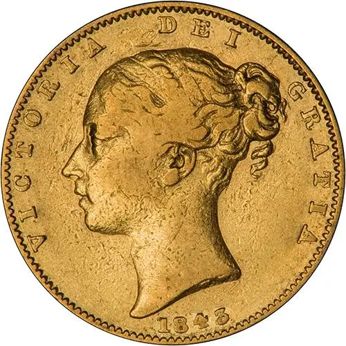 1843 Gold Sovereign Victoria Young Head Shield London Fine Unusual 3 20766