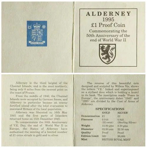 1995 Silver Proof 50th Anniversary of the end of WWII Pound Sterling £1  Coin Without Box Alderney certificate