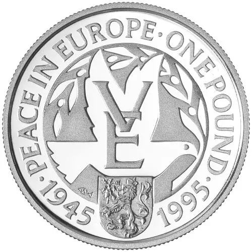 1995 Silver Proof 50th Anniversary of the end of WWII Pound Sterling £1  Coin Without Box Alderney reverse