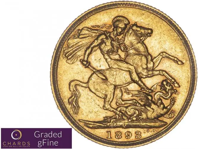 1893 Gold Sovereign Victoria Jubilee Head Melbourne rev gfine
