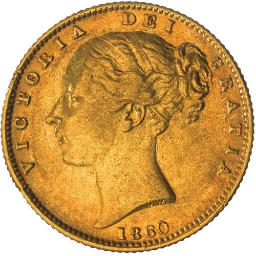 1860 Gold Sovereign Victoria Young Head Shield London obverse