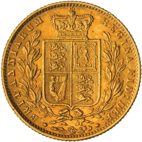 1860 Gold Sovereign Victoria Young Head Shield London reverse