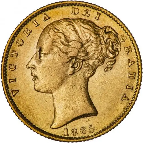 1865 Gold Graded Full Sovereign Victoria Young Head Shield  Coin Single Collectable United Kingdom The Royal Mint aVF obverse