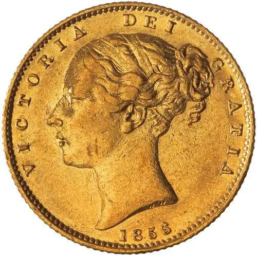 1856 Gold Sovereign Victoria Young Head Shield London obverse