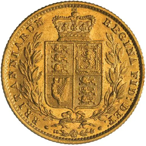 1856 Gold Sovereign Victoria Young Head Shield London reverse