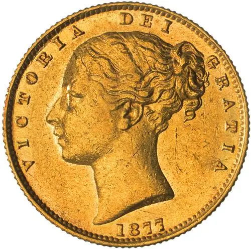 1877 Gold Sovereign Victoria Young Head Shield Sydney obverse