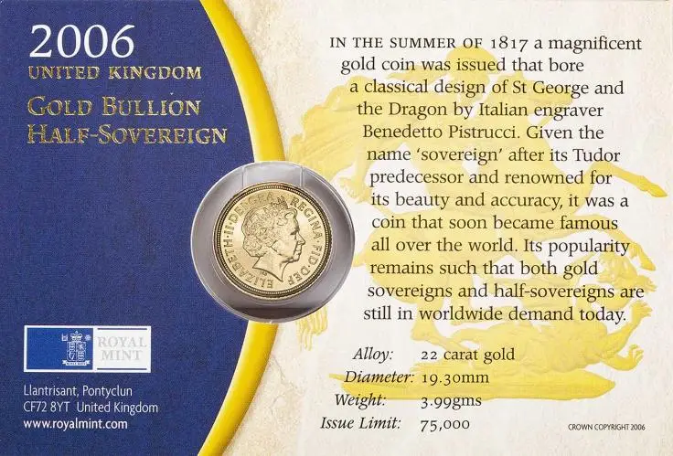 2006 Gold Uncirculated Half Sovereign Elizabeth II  Coin In Sleeve United Kingdom obverse