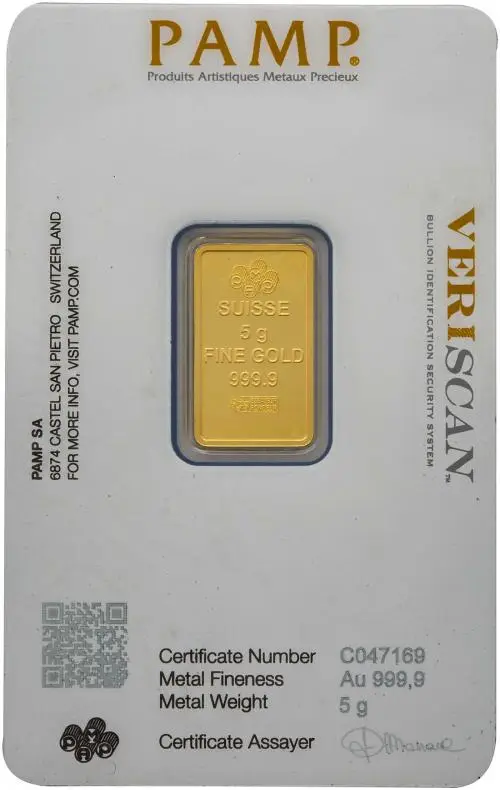 5g Wafer Fortuna Gold Bullion Bar PAMP Suisse - In Card Pre-Owned obverse