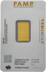 5g Wafer Fortuna Gold Bullion Bar PAMP Suisse - In Card Pre-Owned obverse