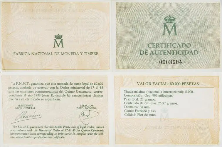 1989 Spanish 80,000 Peseta Gold Proof Coin Quinto Centenario Certificate