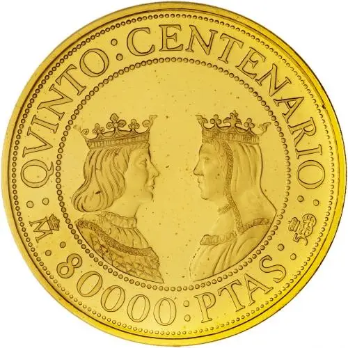 1989 Spanish 80,000 Peseta Gold Proof Coin Quinto Centenario Reverse