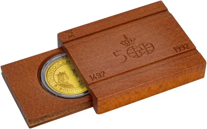 1989 Spanish 80,000 Peseta Gold Proof Coin Quinto Centenario Side View