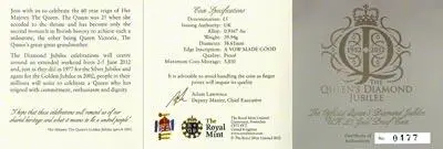 2012 Queen Elizabeth II Diamond Jubilee Gold Proof £5 Coin Certificate