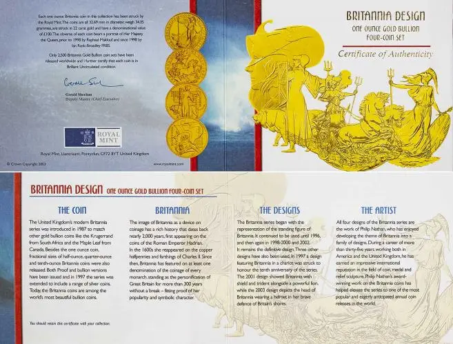 Gold 1oz Britannia Philip Nathan 4 Coin Type Set cert specs and info