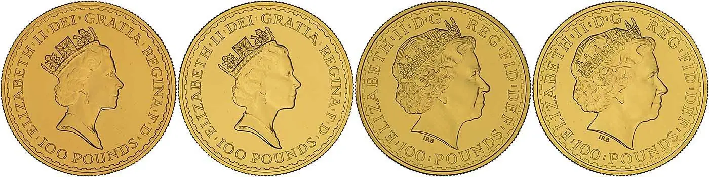 Gold 1oz Britannia Philip Nathan 4 Coin Type Set obverse