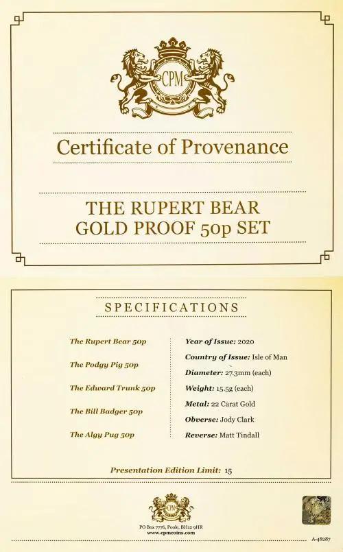 2020 Gold Proof Rupert Bear 50 Pence 5-Coin Set certificate of provenance