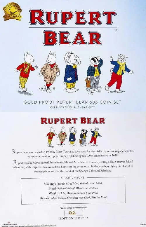 2020 Gold Proof Rupert Bear 50 Pence 5-Coin Set specifications