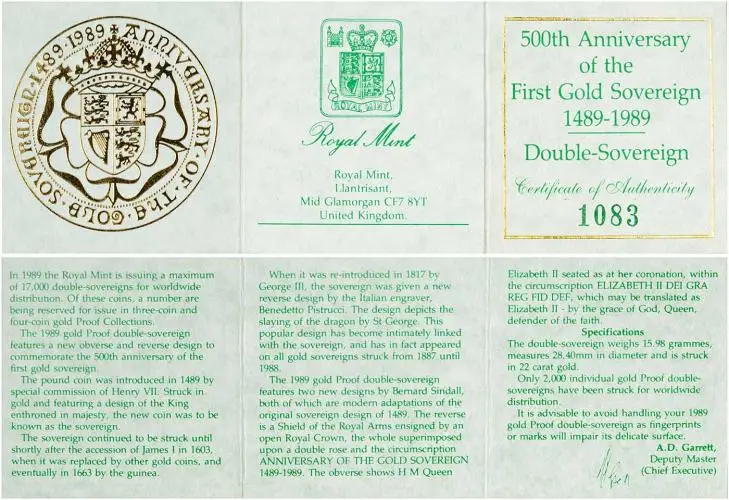 1989 Gold Proof Double 500th Anniversary of the Sovereign Pound Sterling £2  Coin Single United Kingdom The Royal Mint cert