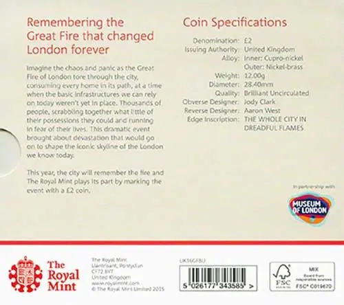 2016 UK Coin £2 BU 	350th Anniversary of the Great Fire of London 22224