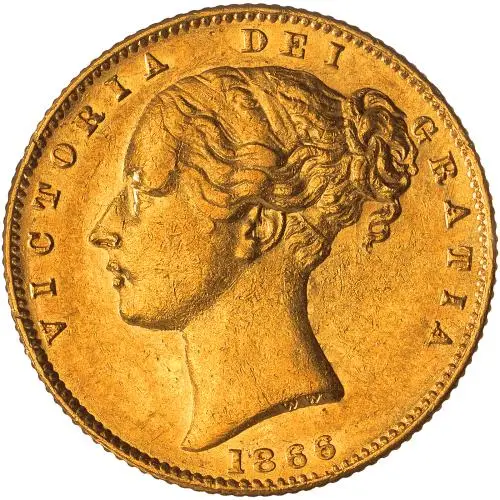 1866 Gold Sovereign Victoria Young Head Shield London obverse