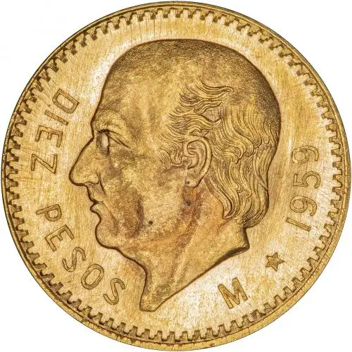 1959 Gold 10 Pesos Coin Single Mexico obverse