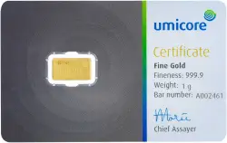 1g Minted Gold Bullion Bar Umicore Pre-Owned