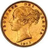 1853 Gold Sovereign Victoria Young Head Shield London 22256