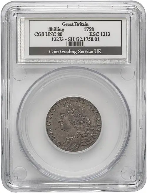 1758 Slabbed Shilling George II CGS UNC 80 24504