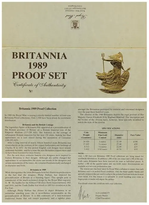 1989 Gold Proof Britannia 4-Coin Set certificate