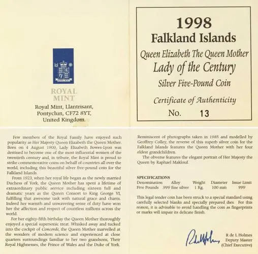 1998 Silver Proof 1 Kilogram Lady of the Century £5  Coin Single Falkland Islands The Royal Mint with cert and specs