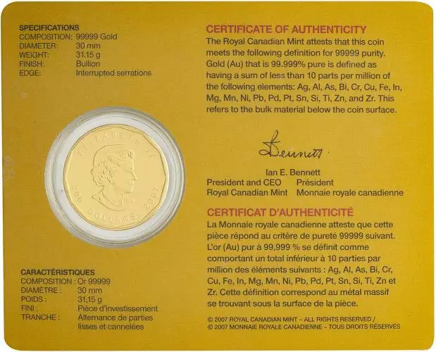 2007 1 oz Gold Coin Maple 99.999 In Card Bullion reverse of card