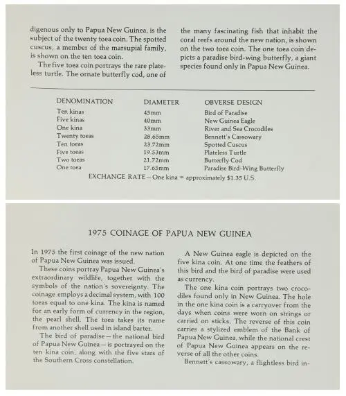 1975 Mixed Proof The First Coinage  Coin Sets Papua New Guinea The Franklin Mint 8 Coins certificate