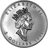 1991 1 oz Silver Coin Maple Bullion 23374