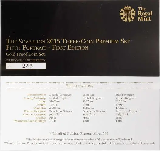 2015 3-Coin Gold Proof Premium Sovereign Set Certificate of Authenticity