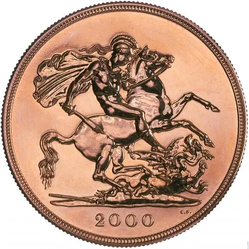 2000 Gold Brilliant Uncirculated Quintuple Sovereign £5 St George reverse