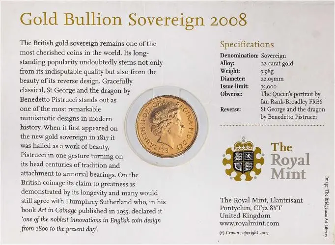 2008 Gold Sovereign Elizabeth II Bullion Coin - In Sleeve reverse package crop