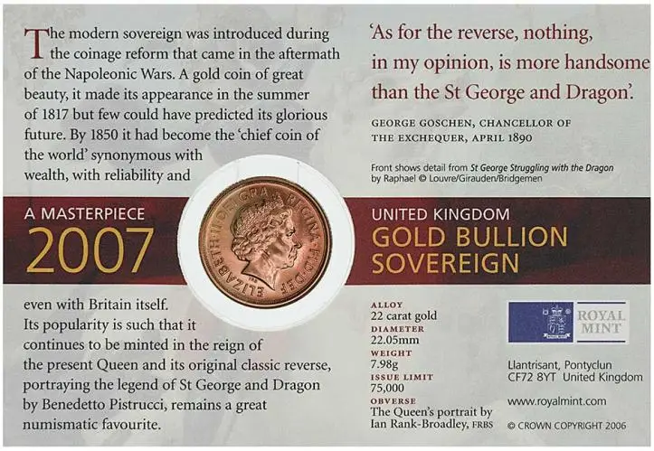 2007 Gold Sovereign Elizabeth II Bullion Coin - In Sleeve obverse chards image crop