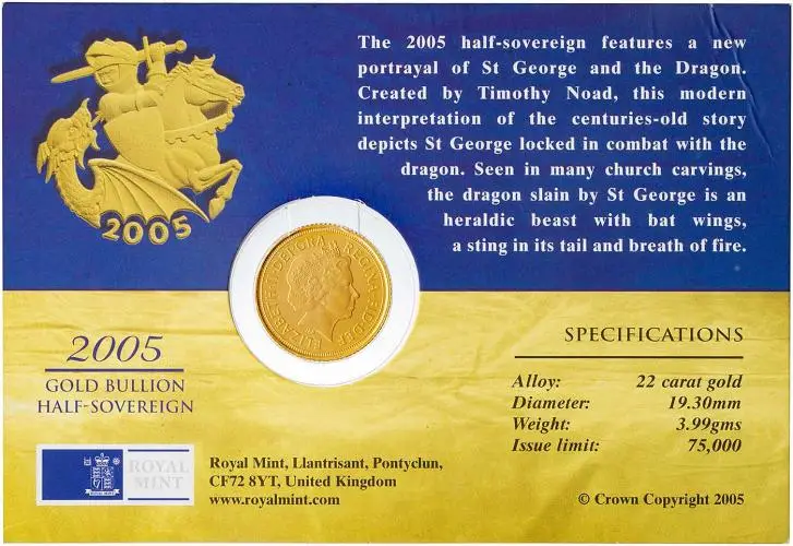2005 Gold Bullion Half Sovereign Elizabeth II Coin In Sleeve obverse