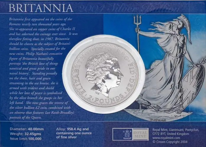 2004 Silver Bullion Ungraded 1 Ounce Britannia Coin In Sleeve United Kingdom The Royal Mint obverse