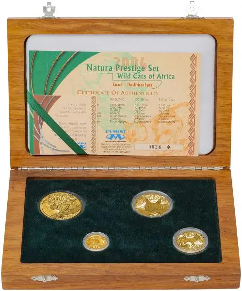 South Africa 2004 Gold Proof Natura Prestige Wild Cats Of Africa - 4 Coin Set box