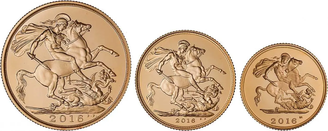2016 Gold Proof Sovereign Elizabeth II Premium Coin Set United Kingdom The Royal Mint Fifth Portrait 3 Coins reverse designs