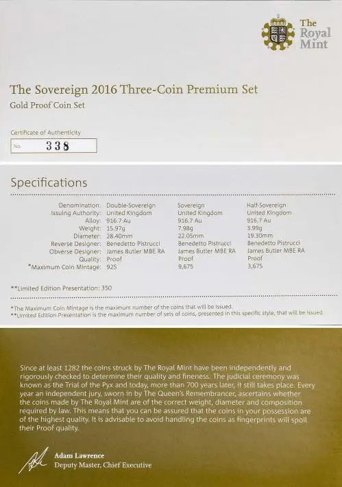 2016 Gold Proof Sovereign Elizabeth II Premium Coin Set United Kingdom The Royal Mint Fifth Portrait 3 Coins with certificate